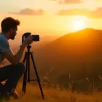 Fotógrafo ajustando um tripé leve para fotografia ao pôr do sol com uma câmera DSLR montada.