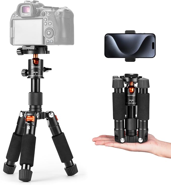 K&F Concept Mini - Escolher um Tripé mini de 18cm, de 18 a 52 cm de atura,
Cabeça de bola, Inclinação de 90º.